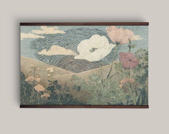 May include: A framed art print featuring a stylized landscape with flowers. The artwork showcases a field of poppies in shades of white, pink, and red, set against a backdrop of rolling hills and a textured sky. The frame is a dark brown.