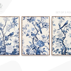 Antique Vintage Blue Chinoiserie Wall Art Prints, Set of 3 Botanical Posters
