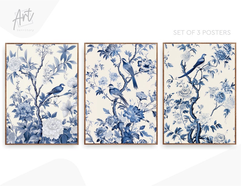 Antique Vintage Blue Chinoiserie Wall Art Prints, Set of 3 Botanical Posters