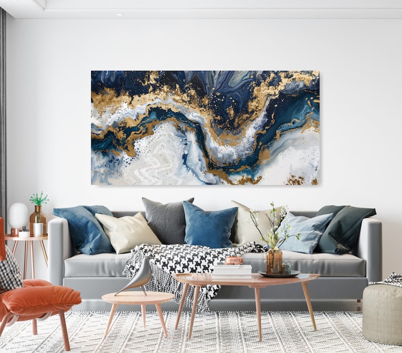 Blue & Gold Abstract Geode Art Print: Modern Marble Canvas - Etsy Australia