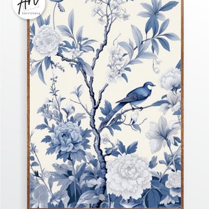 Antique Vintage Blue Chinoiserie Wall Art Prints, Set of 3 Botanical Posters