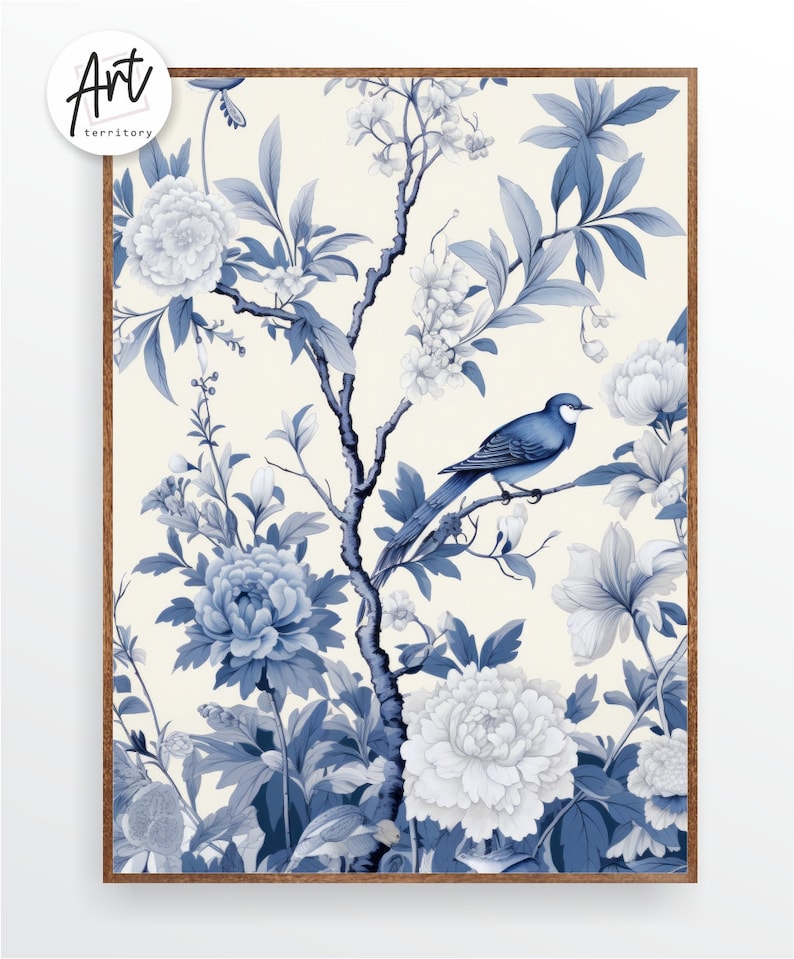 Antique Vintage Blue Chinoiserie Wall Art Prints, Set of 3 Botanical Posters