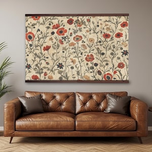 Extra Large Vintage Botanical Floral Tapestry, Oversized Canvas, Framed Wall Art