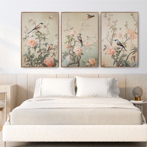 Chinoiserie Birds Prints, Floral Botanical Wall Art Set of 3 Posters or ...