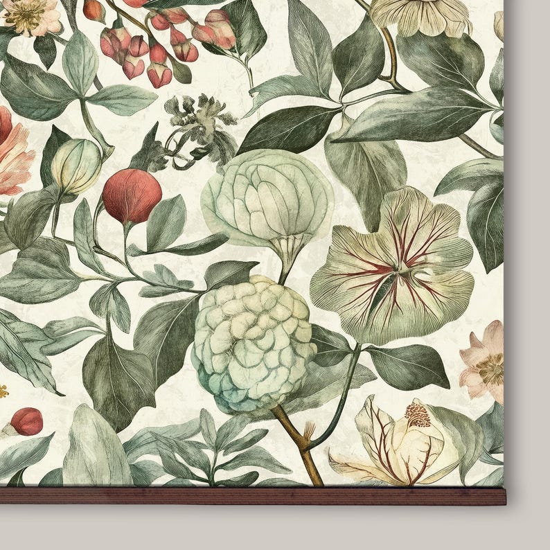 Vintage floral tapestry featuring detailed illustrations of various flowers and green leaves, printed on light canvas-textured fabric, with walnut-colored wooden hangers on top and bottom.