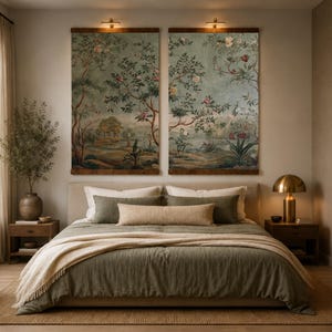 Set of 2 Chinoiserie Wall Art Tapestry, Old Money Decor, Vintage Botanical Garden Print, Grandmillennial Oriental Art