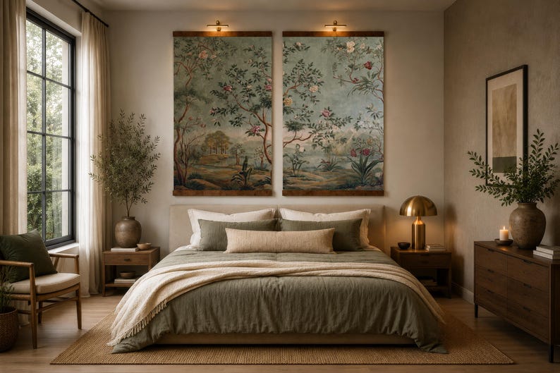 Set of 2 Chinoiserie Wall Art Tapestry, Old Money Decor, Vintage Botanical Garden Print, Grandmillennial Oriental Art