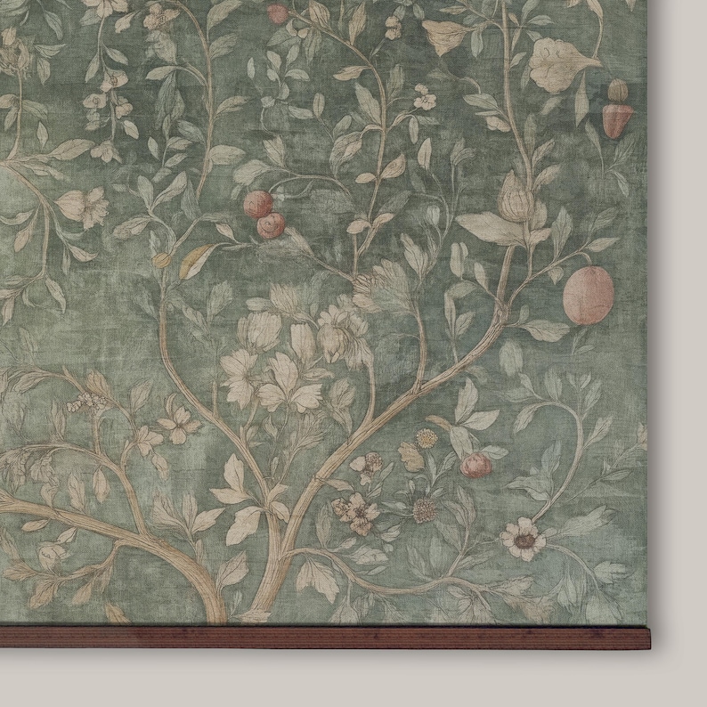 May include: A botanical print featuring a detailed illustration of a tree with branches, leaves, flowers, and fruit. The color palette includes shades of green, beige, and touches of pink. The artwork is mounted on a wooden frame.
