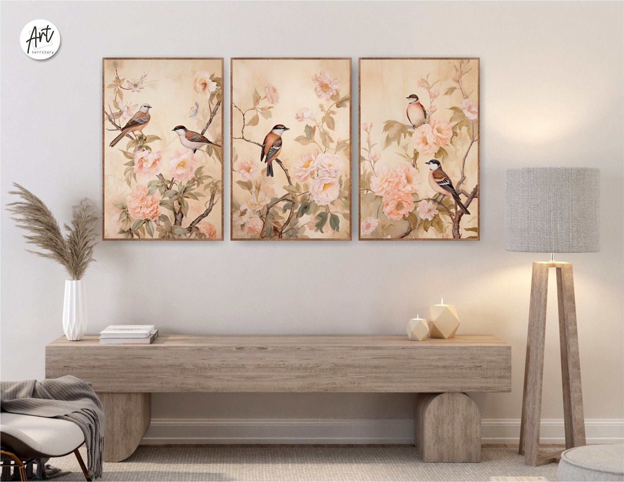 Floral Chinoiserie Birds Art Prints, Botanical Wall Decor Set of 3 ...