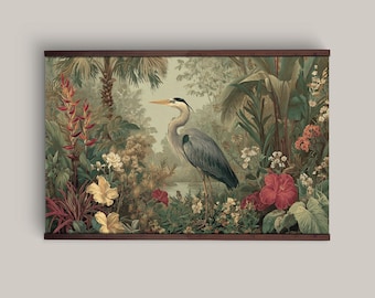 William Morris Heron Wall Tapestry, Jungle Art Print, Botanical Canvas, Extra Large Wall Art