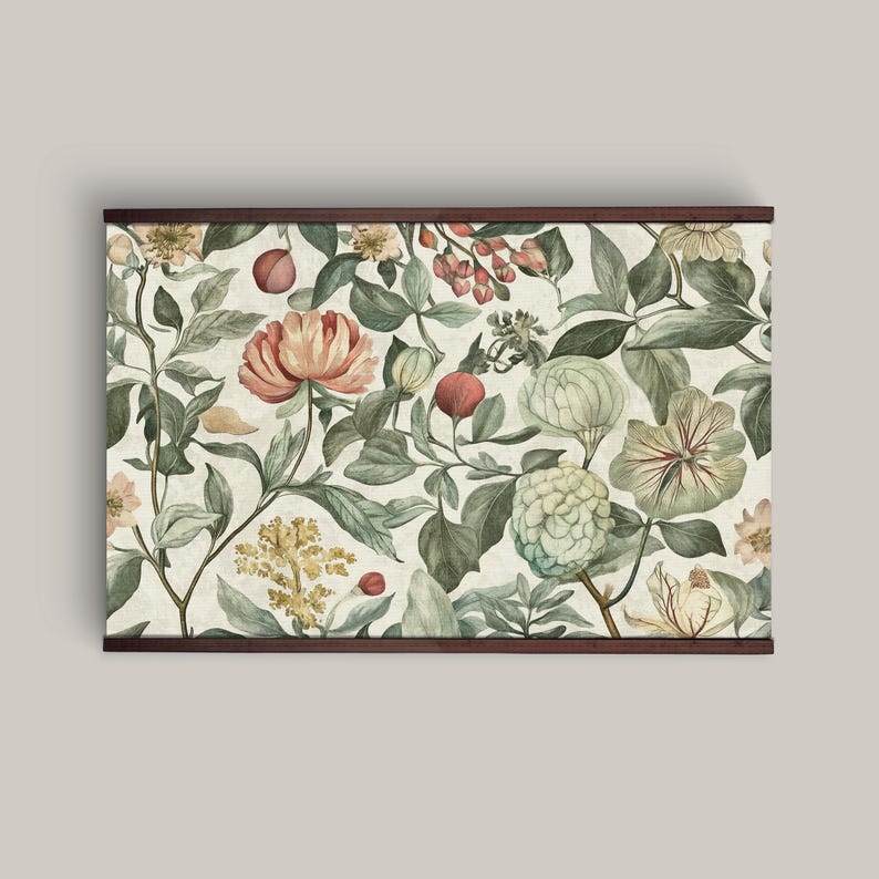 Vintage floral tapestry featuring detailed illustrations of various flowers and green leaves, printed on light canvas-textured fabric, with walnut-colored wooden hangers on top and bottom.