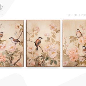 Floral Chinoiserie Birds Art Prints, Botanical Wall Decor Set of 3 ...