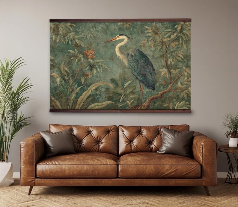 William Morris Print, Blue Heron Chinoiserie Tapestry, Floral Botanical Extra Large Vintage Wall Hanging, Ready to Hang Decor