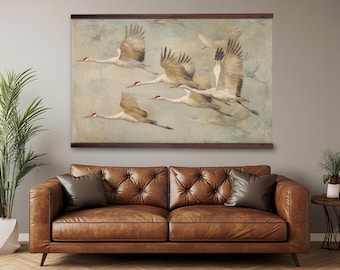 Quadro con gru in volo, dipinto vintage di uccello, decorazione murale in stile giapponese, arte rustica costiera