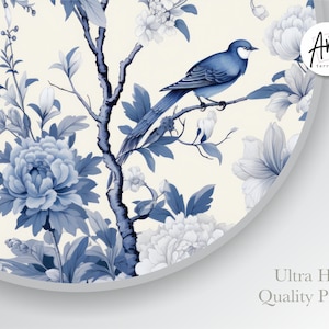 May include: A round, white canvas print with a blue and white floral design. A blue bird is perched on a branch in the center of the print. The text "Art Territory" is in the upper right corner of the print.