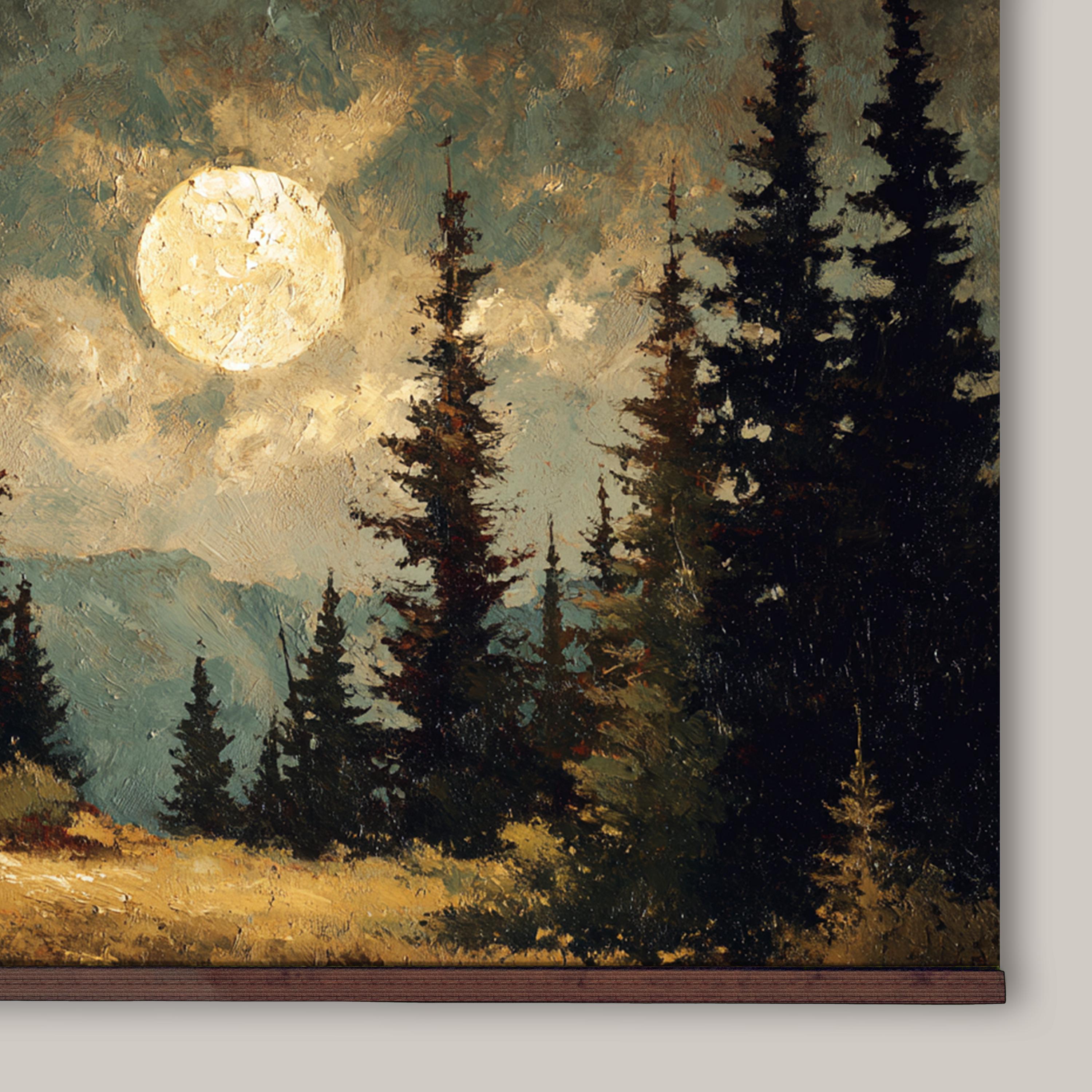 Moon Forest Wall Art, Rustic Cabin Decor, Pine Tree Landscape Painting ...