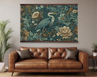 William Morris Blue Heron Tapestry: Vintage Floral Wall Hanging