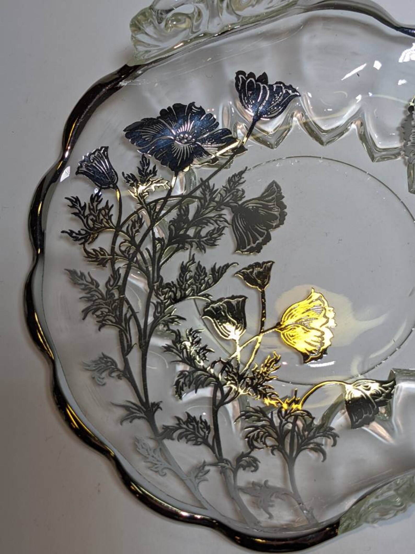 Vintage Curved Glass Candy Dish With Silver Flower Inlay Etsy