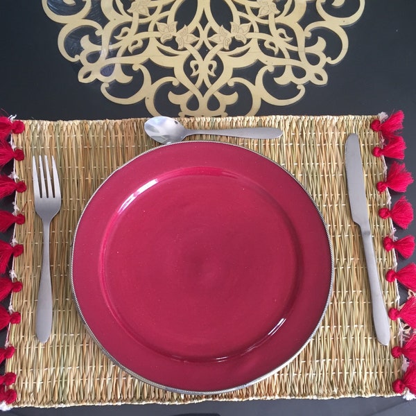 Set de table Marocain en osier avec pompons / Décoration Bohème