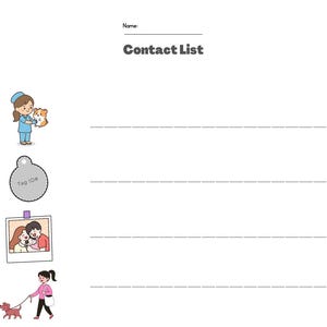 May include: A white Contact List page featuring illustrations of a vet with a pet, a pet tag, a couple, and a person walking a dog. The title "Contact List" is in a bold, grey font.