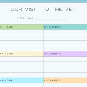 以下が含まれることがあります： 上部に「OUR VISIT TO THE VET」というテキストが入った、水色と白のペット訪問記録シート。ペットの名前とチェックイン日のセクションがあり、緑、青、黄、紫の色のブロックがあります。