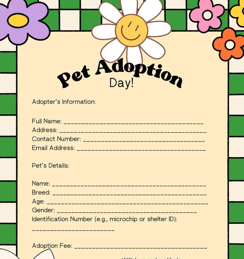Digital Download Pet Adoption Form | Printable Animal Rescue ...