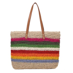 Women Rainbow Color Tote Handmade Knitted Straw Totebeach - Etsy