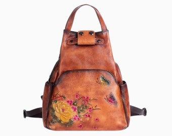 Bolso de cuero repujado, mochila vintage, bolso de cuero, bolso de mochila de cuero, mochila de cuero genuino mochila de mujer