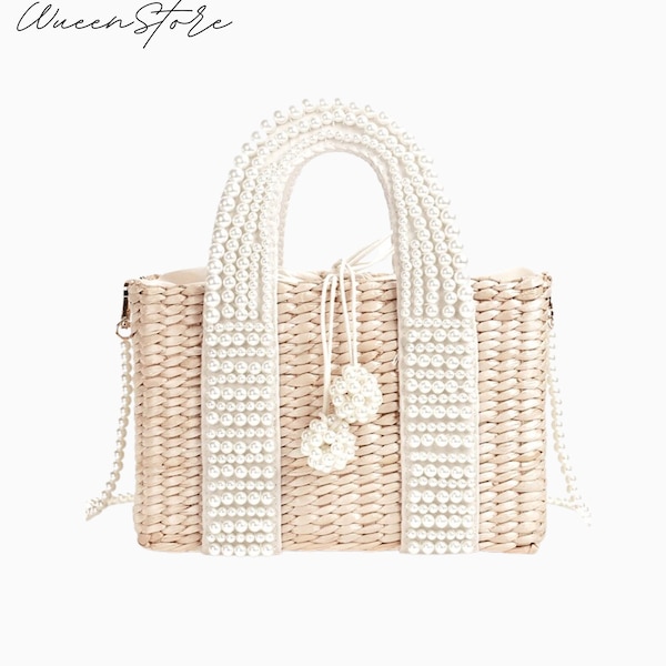 Embellished Pearl Tote Bag Pearls Basket Weave Handbag Beaded Beach Straw Woven