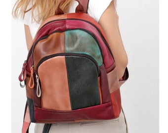 Patchwork leather backpack,Leather Backpack,Leather Handbag,Vintage Backpack,Leather Rucksack, Women Leather Backpack,men Leather Backpack