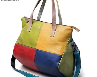 Bunte Vielseitige Schultertasche mit Abnehmbarer Riemen, Geräumige Mehrfarbige Handtasche für Frauen, Bunte Patchwork Leder Tragetasche