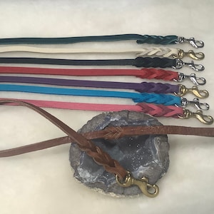 Può includere: Una collezione di guinzagli per cani in vari colori: verde, crema, nero, rosso, viola, blu e rosa. Ogni guinzaglio presenta una sezione intrecciata e un moschettone in metallo. Un guinzaglio marrone è in primo piano. Misure in cm.