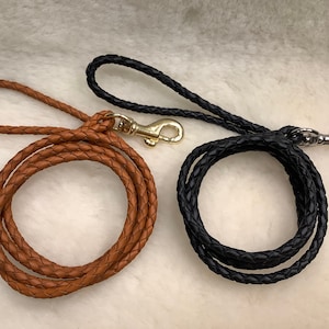 May include: Two coiled braided leather leads, one tan and one black. The tan lead has a gold-coloured clasp, the black lead has a silver-coloured clasp. The leads are designed for pets and are ready for use.