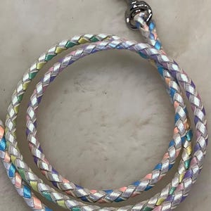 May include: A braided leash featuring a metallic silver base interwoven with pastel-colored strands in shades of pink, blue, yellow, and green. The leash is finished with a polished silver-toned metal swivel snap hook at the top end.