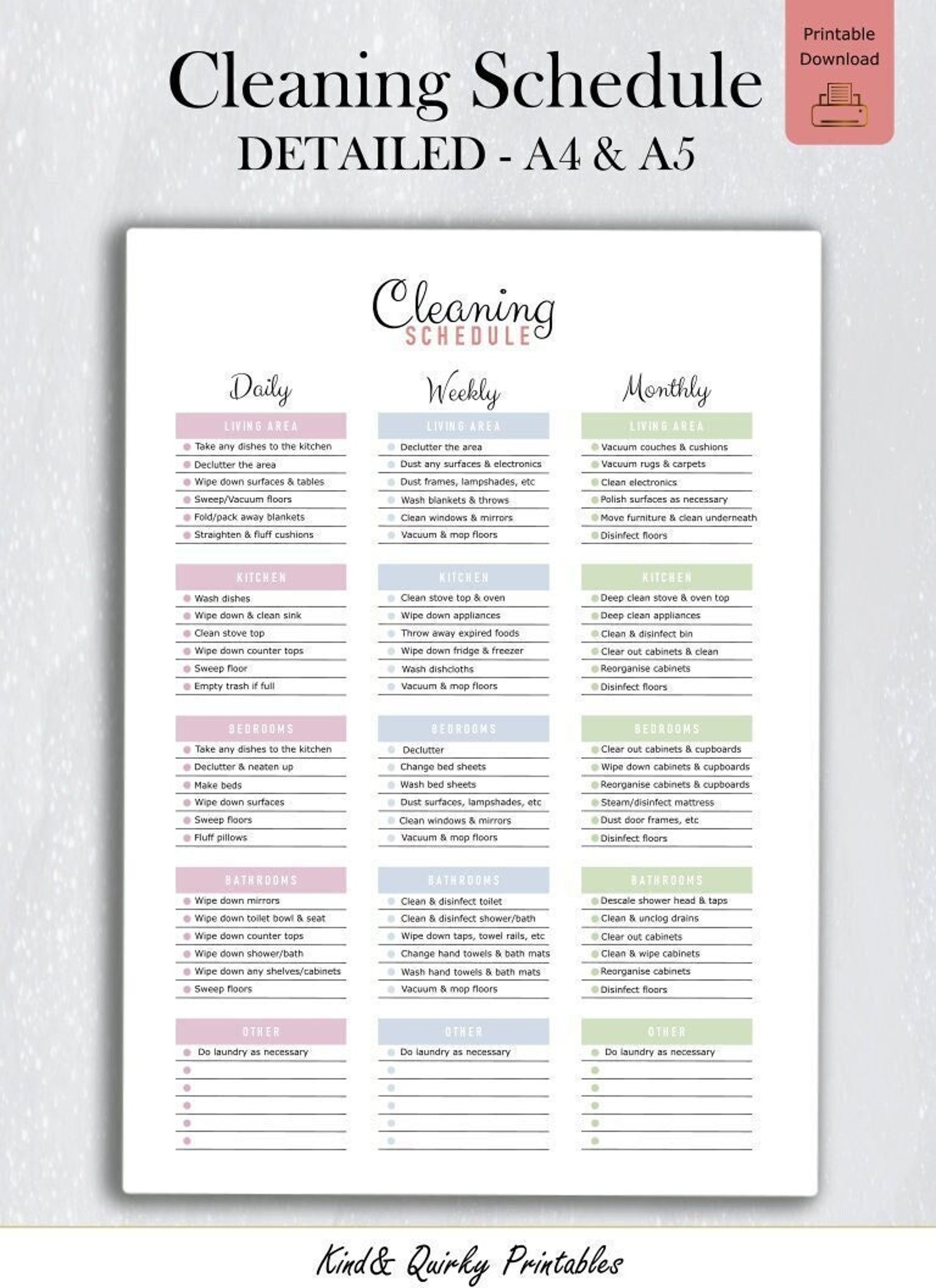 Printable Cleaning Schedule.blank &amp; Detailed. Editable PDF. | Etsy