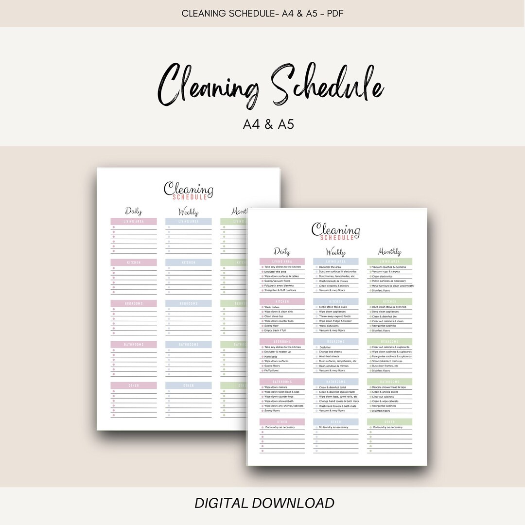 Printable Cleaning Schedule.blank & Detailed. Editable PDF. A4. A5 ...