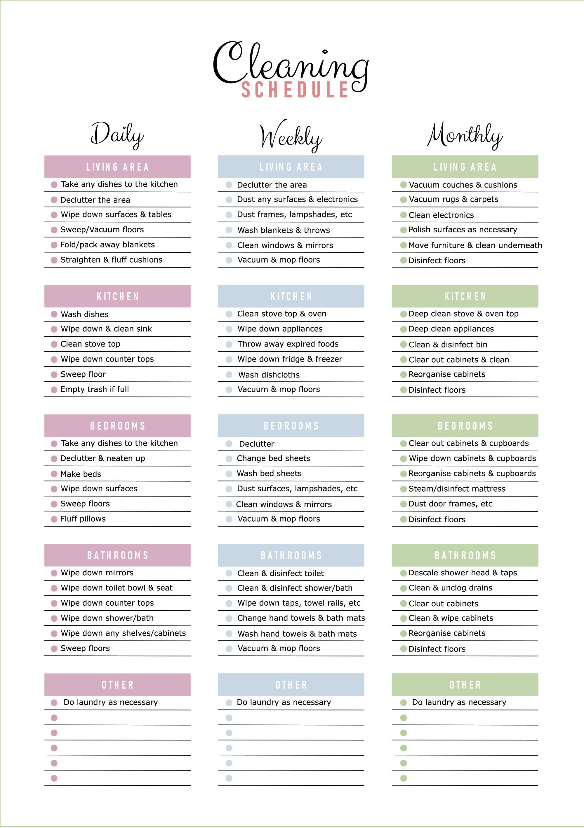Printable Cleaning Schedule.blank &amp; Detailed. Editable PDF. A4. A5 ...