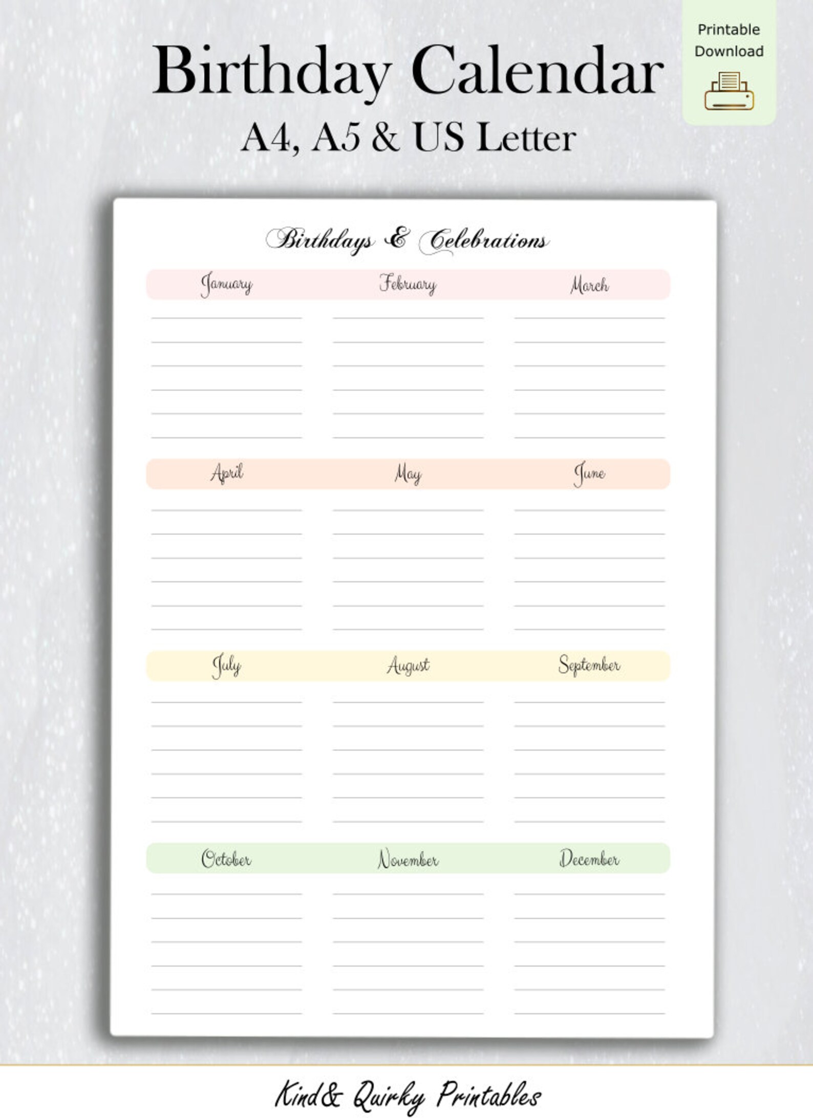 printable birthday calendar bundle blank dated a3 a4