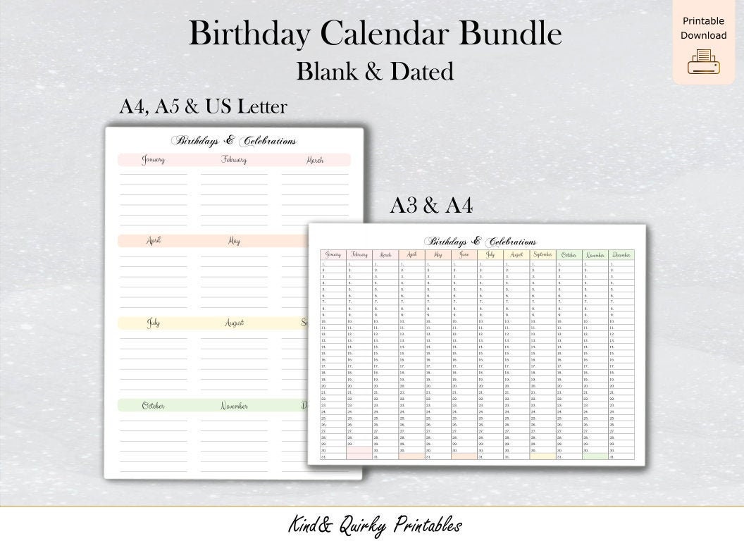 printable birthday calendar bundle blank dated a3 a4 a5 etsy