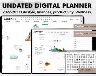Undated Digital Planner, GoodNotes, Stickers (PDF)