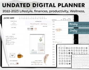 Undated Digital Planner with Stickers, Daily Weekly Monthly Templates (PDF)