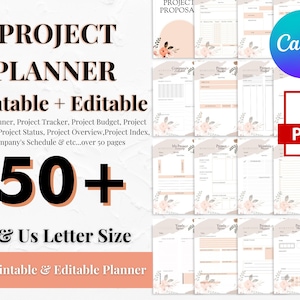 May include: A printable project planner with a floral design. The planner includes over 50 pages and is available in A4 and US Letter sizes. The text on the image reads "Project Planner Printable + Editable Work Planner, Project Tracker, Project Budget, Project Schedule, Project Status, Project Overview, Project Index, Company's Schedule & etc...over 50 pages 50+ A4 & Us Letter Size FOR Printable & Editable Planner".
