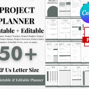 May include: A collage of printable project planner pages in black and white. The pages include sections for project proposals, weekly plans, daily focus, monthly calendars, task lists, and project schedules. The text "PROJECT PLANNER Printable + Editable" is at the top of the image. The text "50+ A4 & US Letter Size" is below the planner pages. The text "FOR Printable & Editable Planner" is at the bottom of the image. The text "Canva" is in a purple and blue gradient circle. The text "PDF" is in a red rectangle.