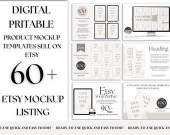 May include: A digital product mockup template for Etsy sellers. The image shows a collection of 60+ customizable templates for Etsy listings, including product mockups, shop planners, and social media graphics. The templates are designed to help Etsy sellers create professional and eye-catching listings that will attract more customers.
