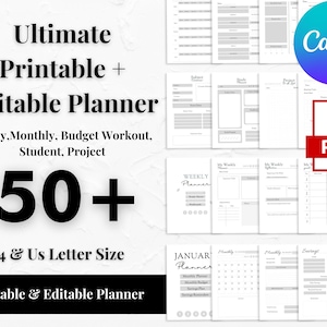 May include: A digital download of 50+ printable and editable planner pages in A4 and US Letter size. The pages include yearly, monthly, budget, workout, student, and project planners. The image shows a sample of the pages, including a weekly planner, a monthly planner, and a savings tracker. The text "Canva" and "PDF" are also visible in the image.