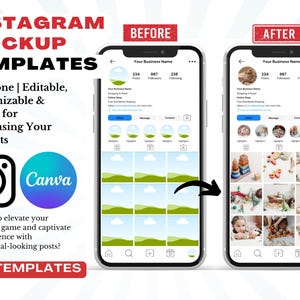 Puede incluir: Una imagen de antes y después que muestra cómo usar plantillas de Instagram para mostrar productos. La imagen de antes muestra la pantalla de un teléfono con un perfil de Instagram genérico y una cuadrícula de imágenes de marcador de posición. La imagen de después muestra la misma pantalla de teléfono con un perfil y una cuadrícula llenos de imágenes de niños jugando con juguetes de madera.