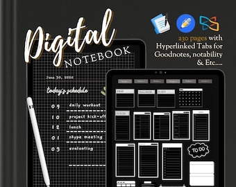 Black & White Digital Notebook, Hyperlinked Tabs, Stickers (Goodnotes, Notability)