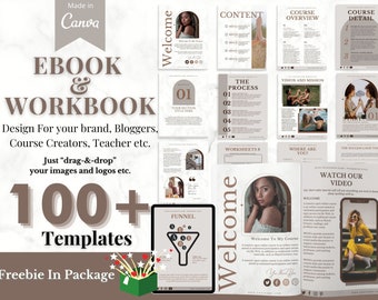 May include: A digital marketing ebook and workbook template with a brown and white colour scheme. The cover features the text "EBOOK & WORKBOOK" and "100+ Templates". The image also includes a freebie in a green box with a red bow.