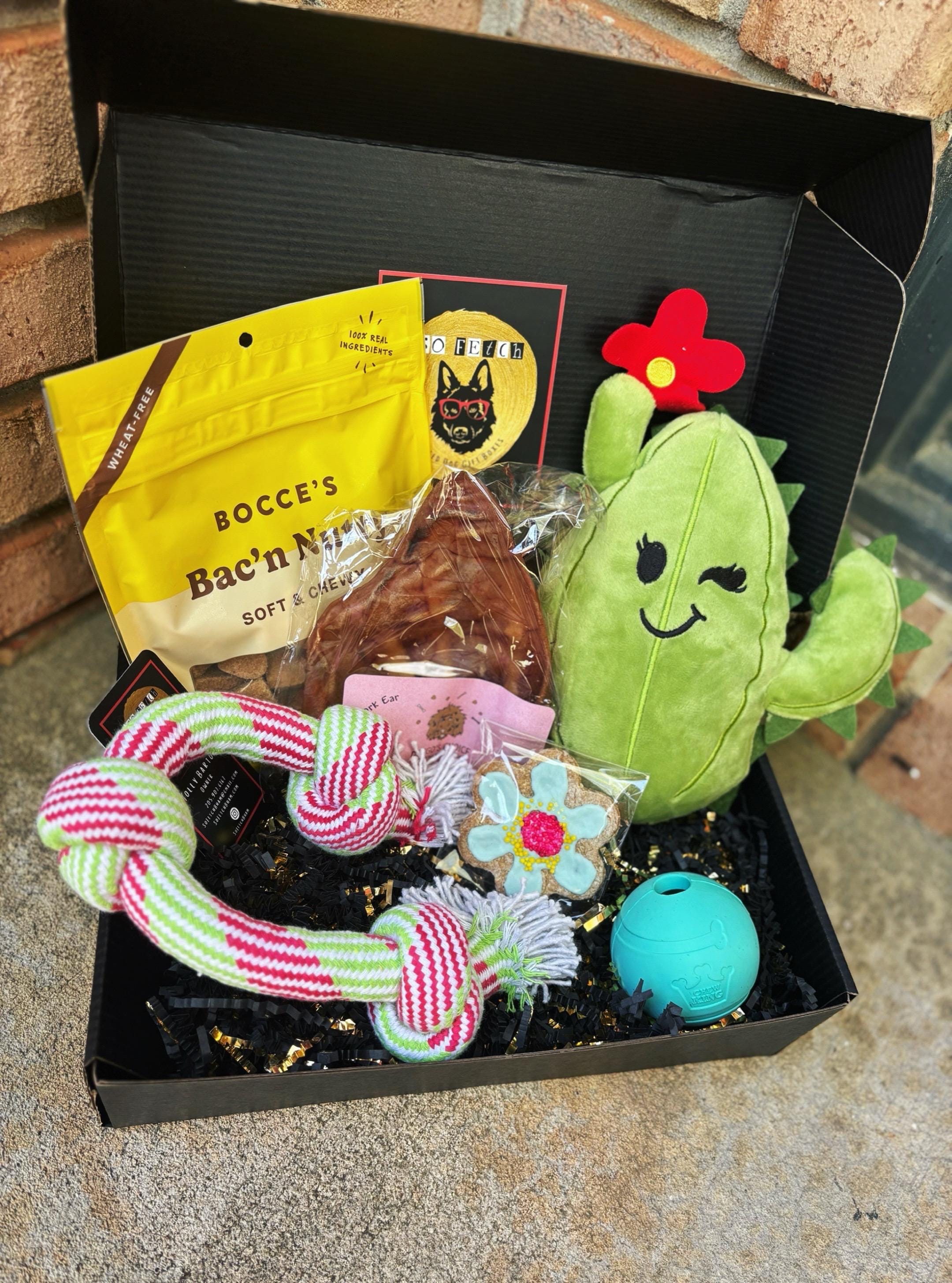 So Fetch Dog Gift Box: Toys and Gourmet Treats Basket
