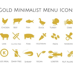 Gold Minimalist Menü Auswahl Symbole - Download - PNG, SVG, JPG - Rind, Huhn, Lamm, Kindermahlzeit, Glutenfrei, Vegan, Vegetarisch